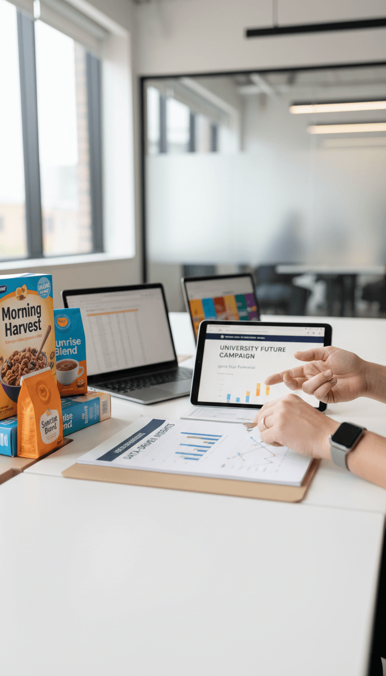 Marketing consultant reviewing CPG and higher education brand strategy materials
