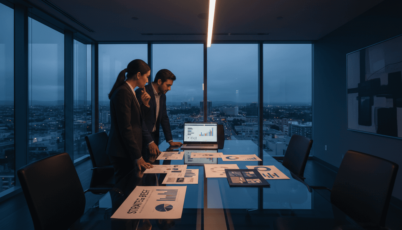 Marketing consultants collaborating on brand strategy in a modern San Jose office with city views