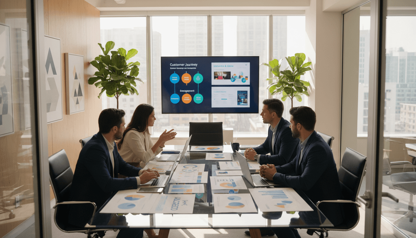 Marketing consultants collaborating on strategy with data and brand materials